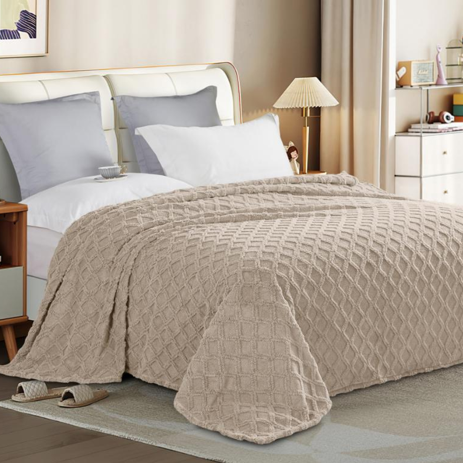 Плед велсофт Все ДОМА/Vse DOMA шерпа, ромб, бежевый, ролик - 0