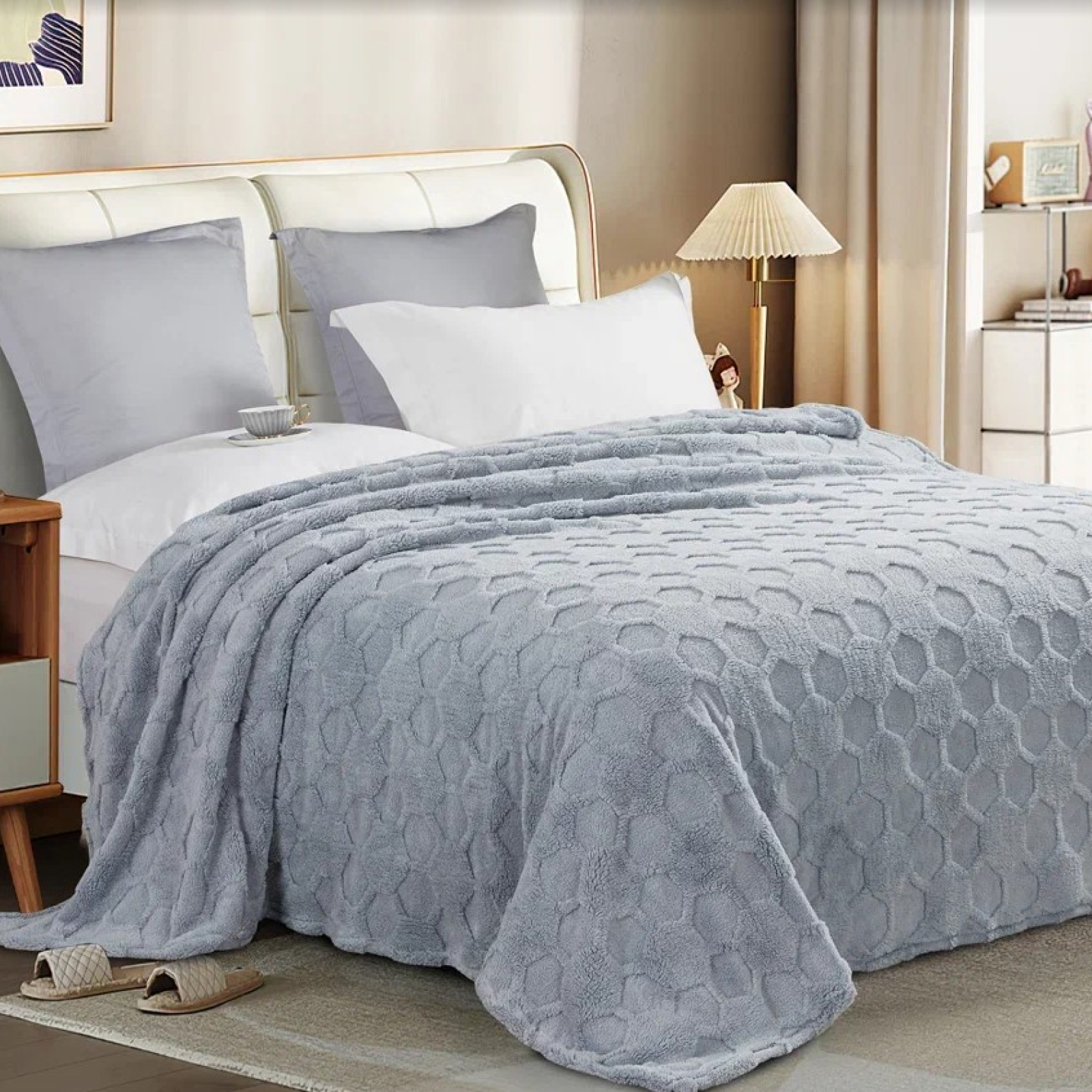 Плед велсофт Vse DOMA шерпа, соты, серый, ролик - 0