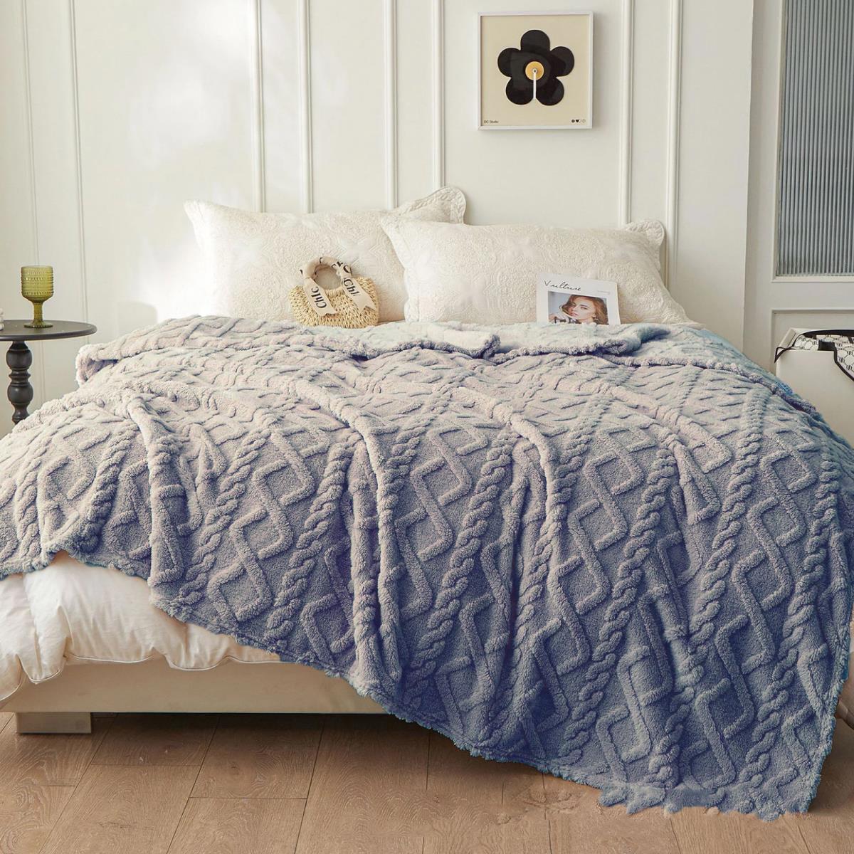 Плед велсофт Vse DOMA шерпа, косичка, серый - 0