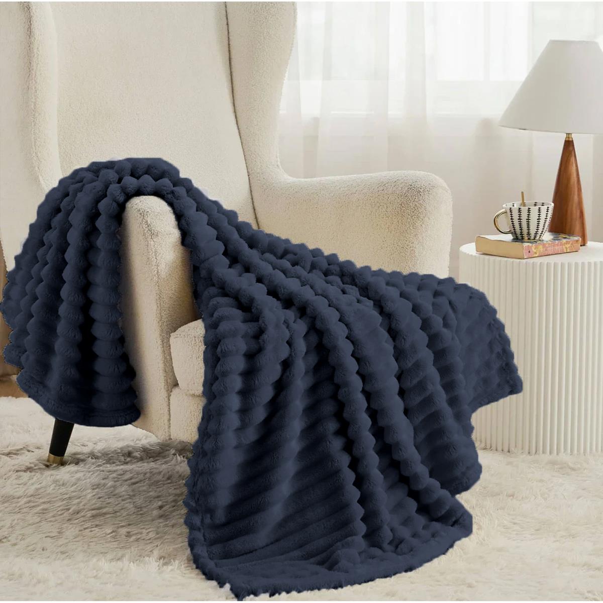 Плед велсофт Vse DOMA полоса 3 см, Темно-синий, ролик - 0