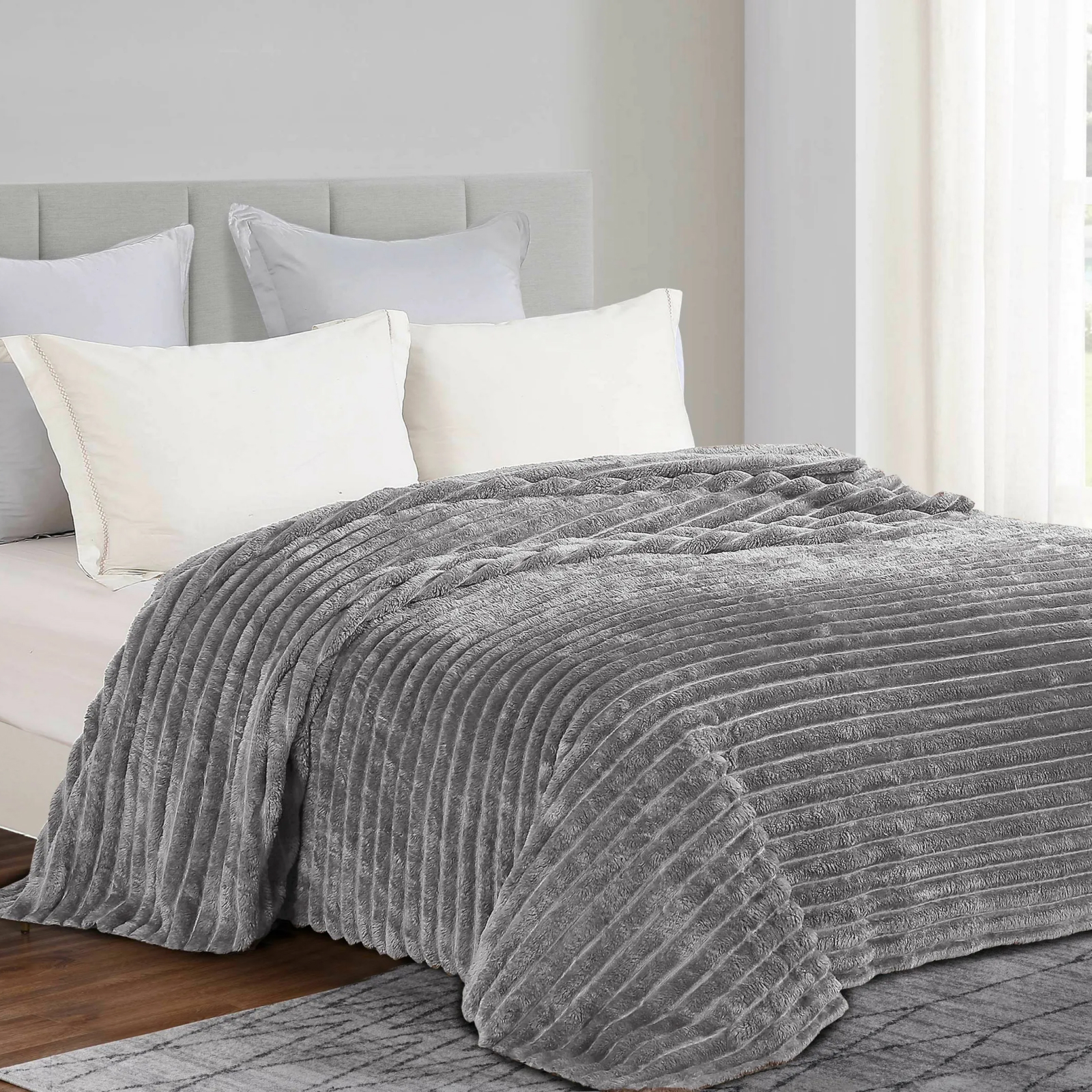 Плед велсофт Vse DOMA полоса 4 см., цвет серый, ролик - 0