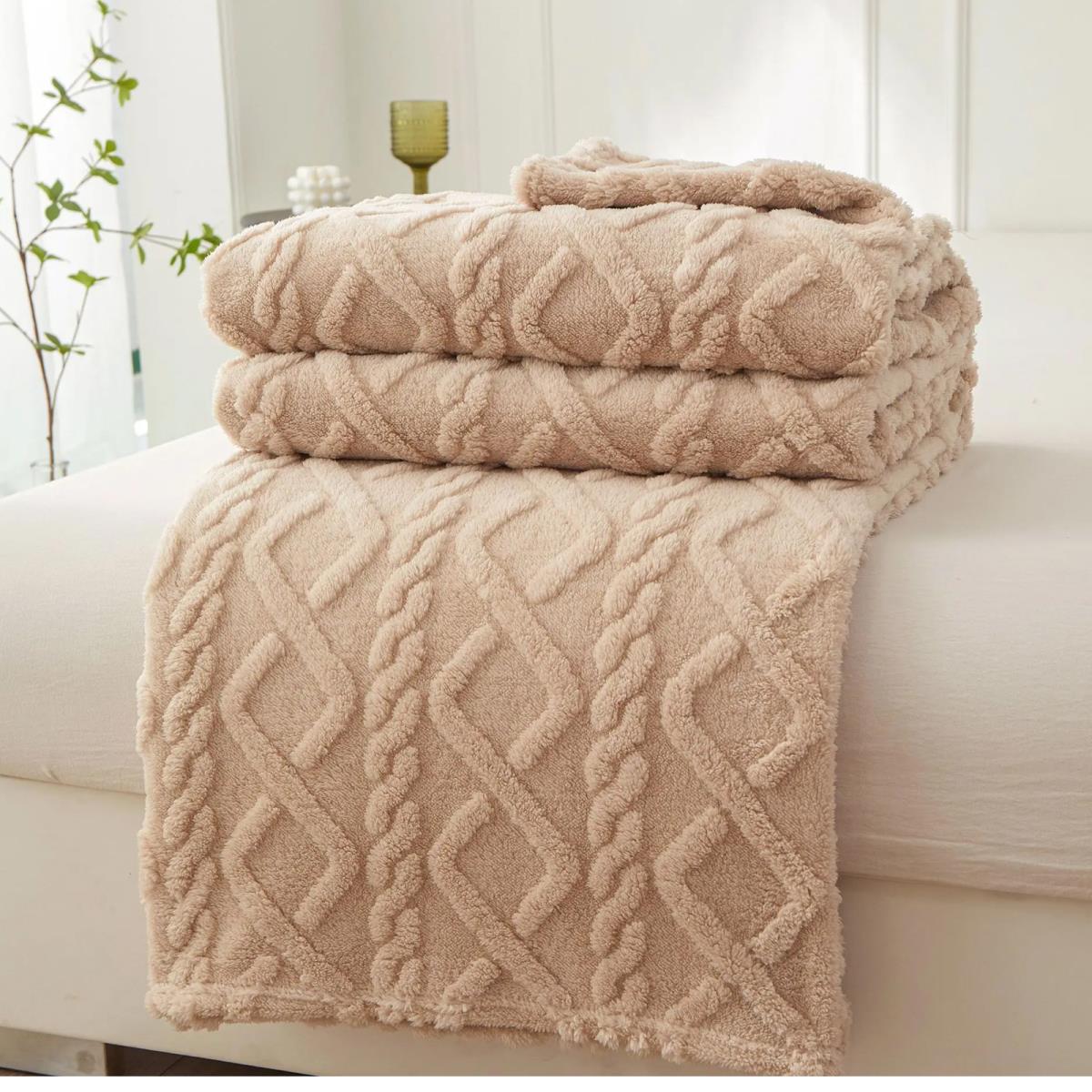 Плед велсофт Vse DOMA шерпа, косичка, бежевый - 1