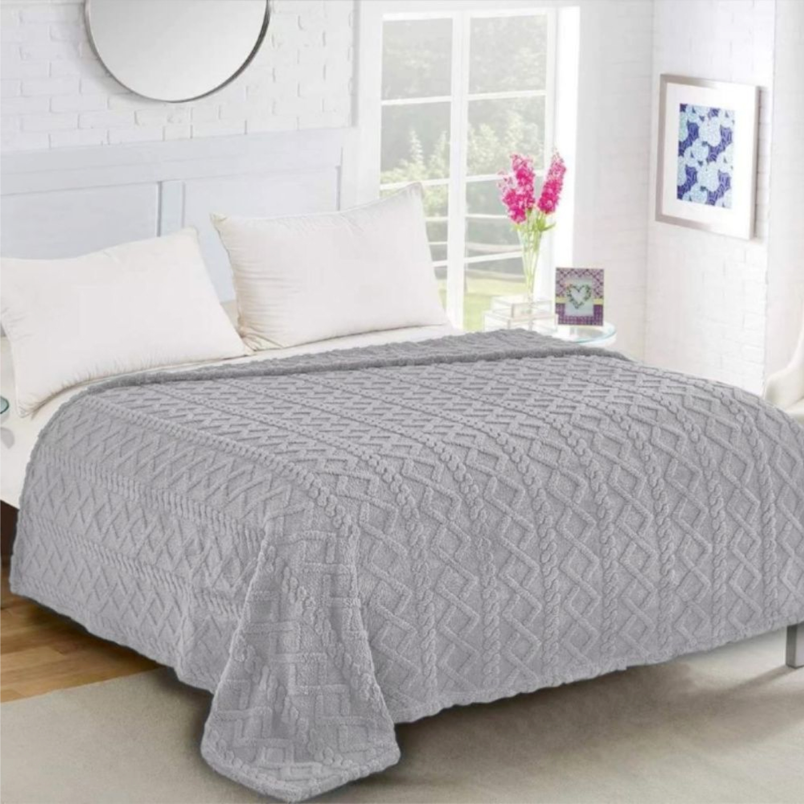 Плед велсофт Vse DOMA шерпа, косичка, светло-серый, ролик - 0