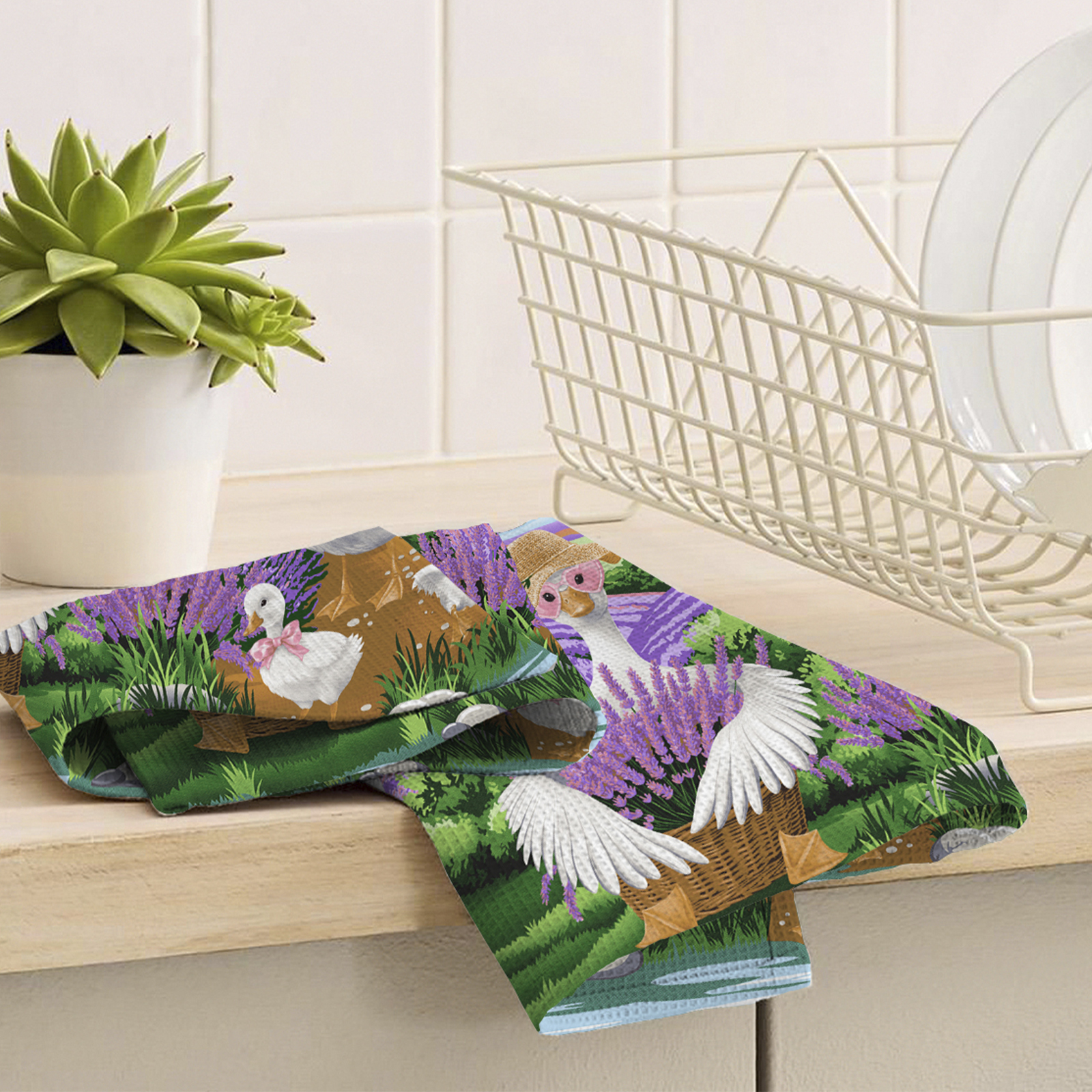 Полотно вафельное 150 см наб рис.29455-1 Лавандовые гуси - 2