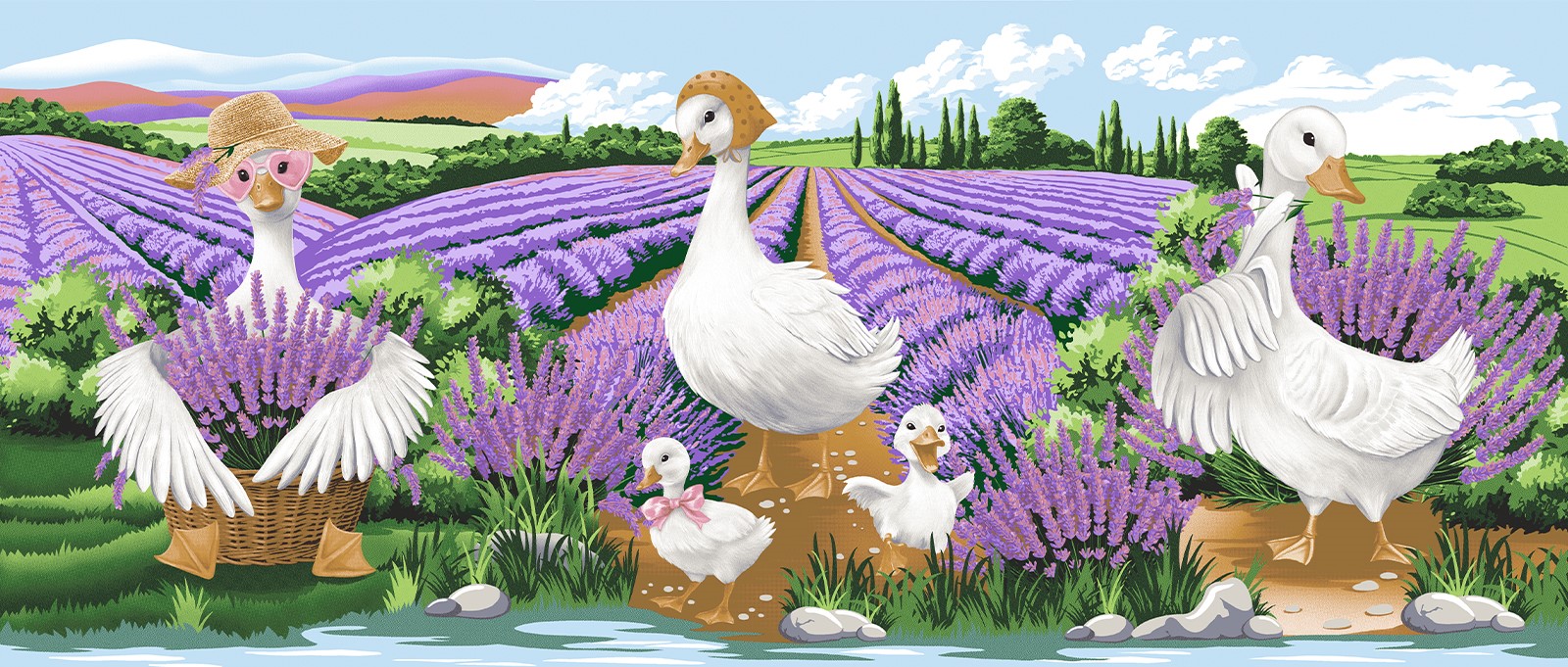 Полотно вафельное 150 см наб рис.29455-1 Лавандовые гуси - 0