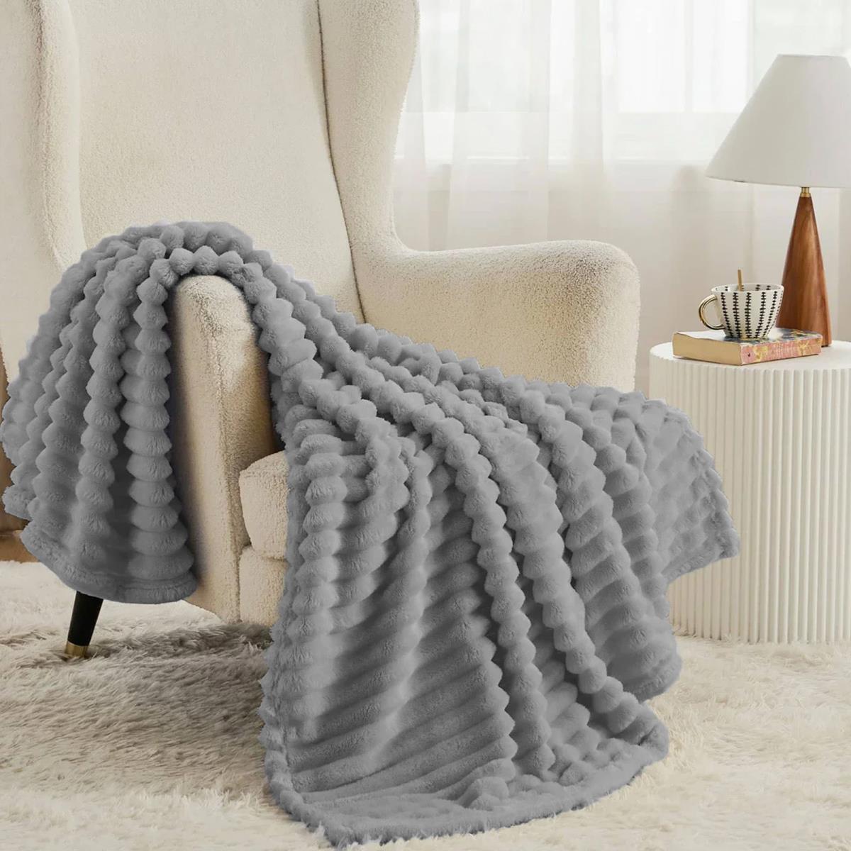 Плед велсофт Vse DOMA полоса 3 см, Серый, ролик - 0