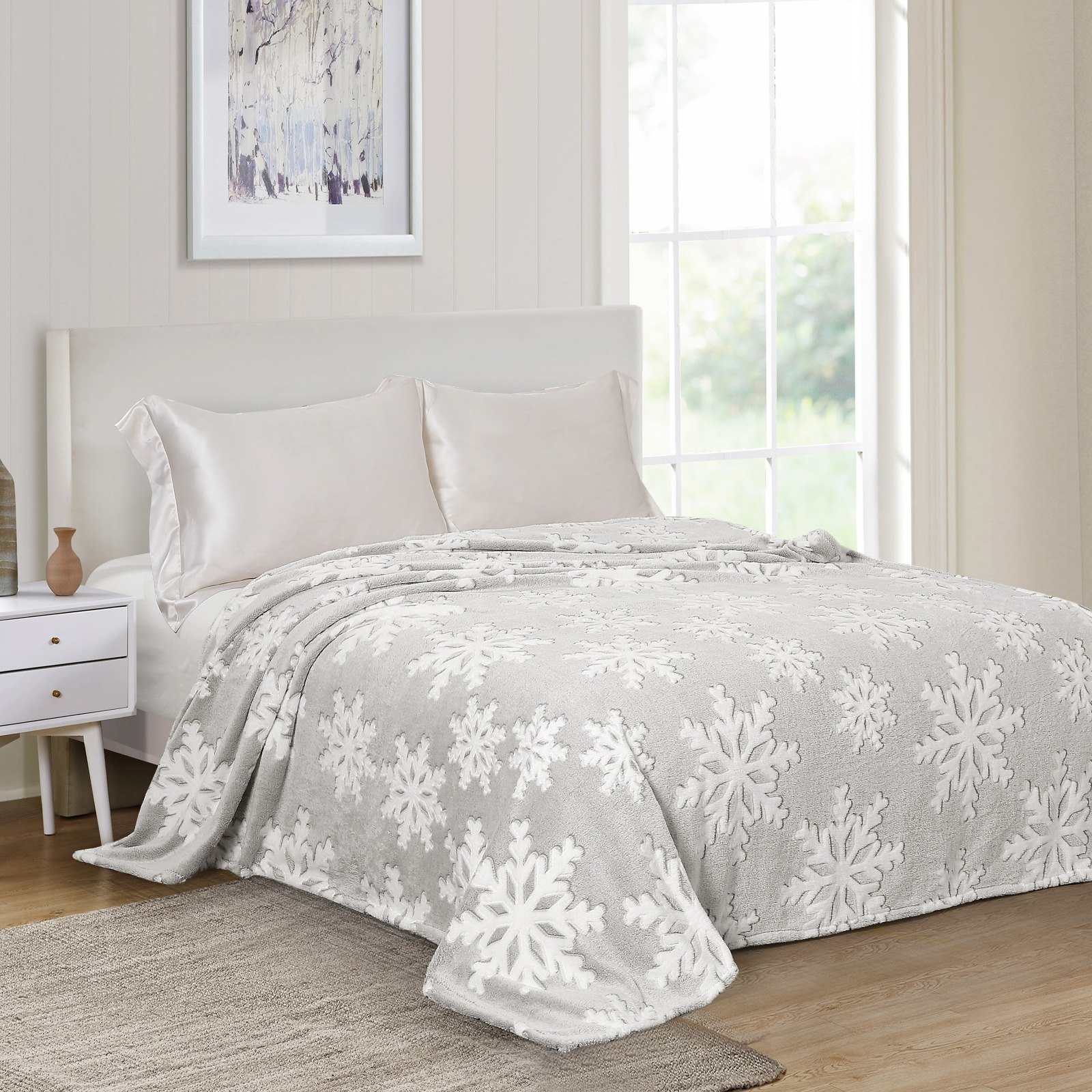 Плед велсофт Vse DOMA Снежинки, цвет серый, гладье, чемодан - 0