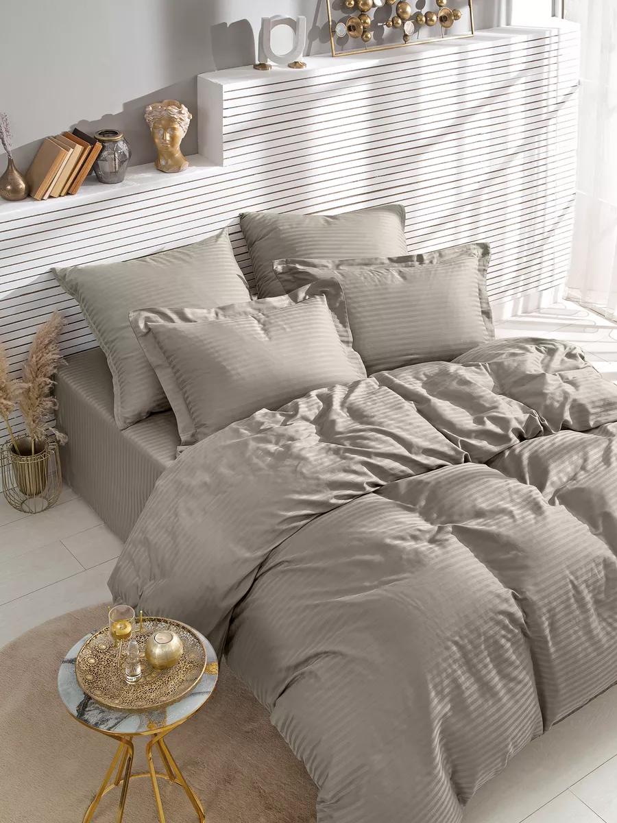 КПБ страйп-полисатин (2 наволочки 50*70) серо-бежевый - 0