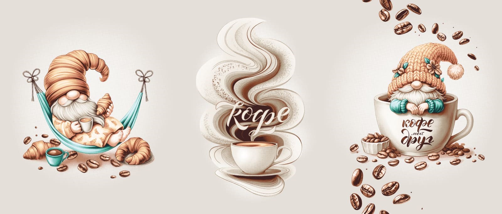 Полотно вафельное 150 см наб рис.29456-1 Кофейные гномики - 0