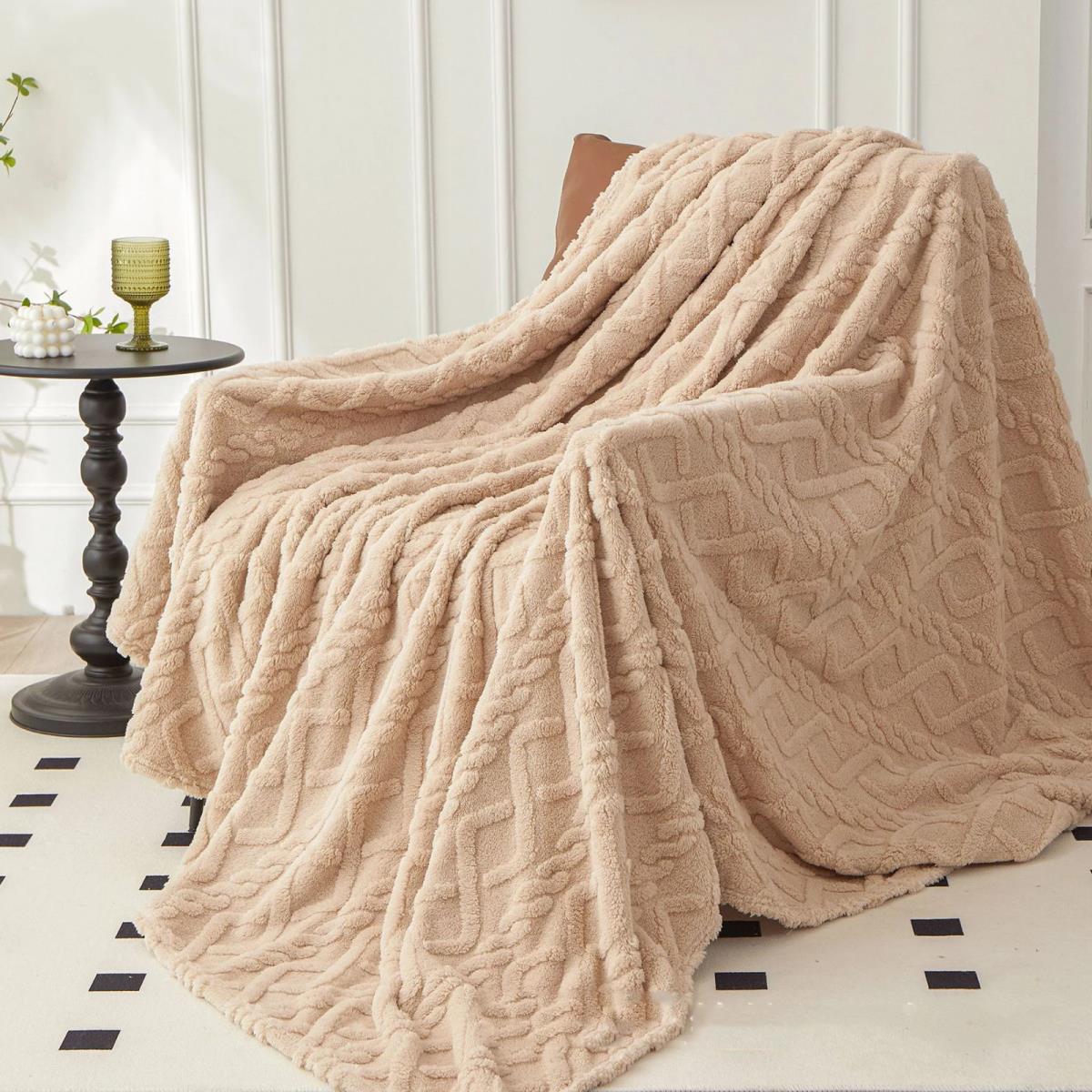 Плед велсофт Vse DOMA шерпа, косичка, бежевый - 2