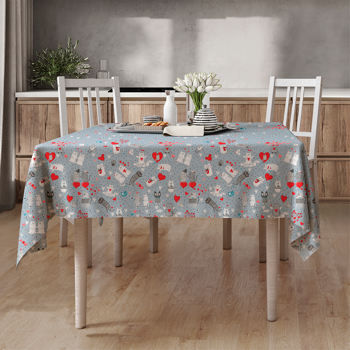 Скатерть рогожка Fine Line рис.62014-3 Влюбленные котики - 0