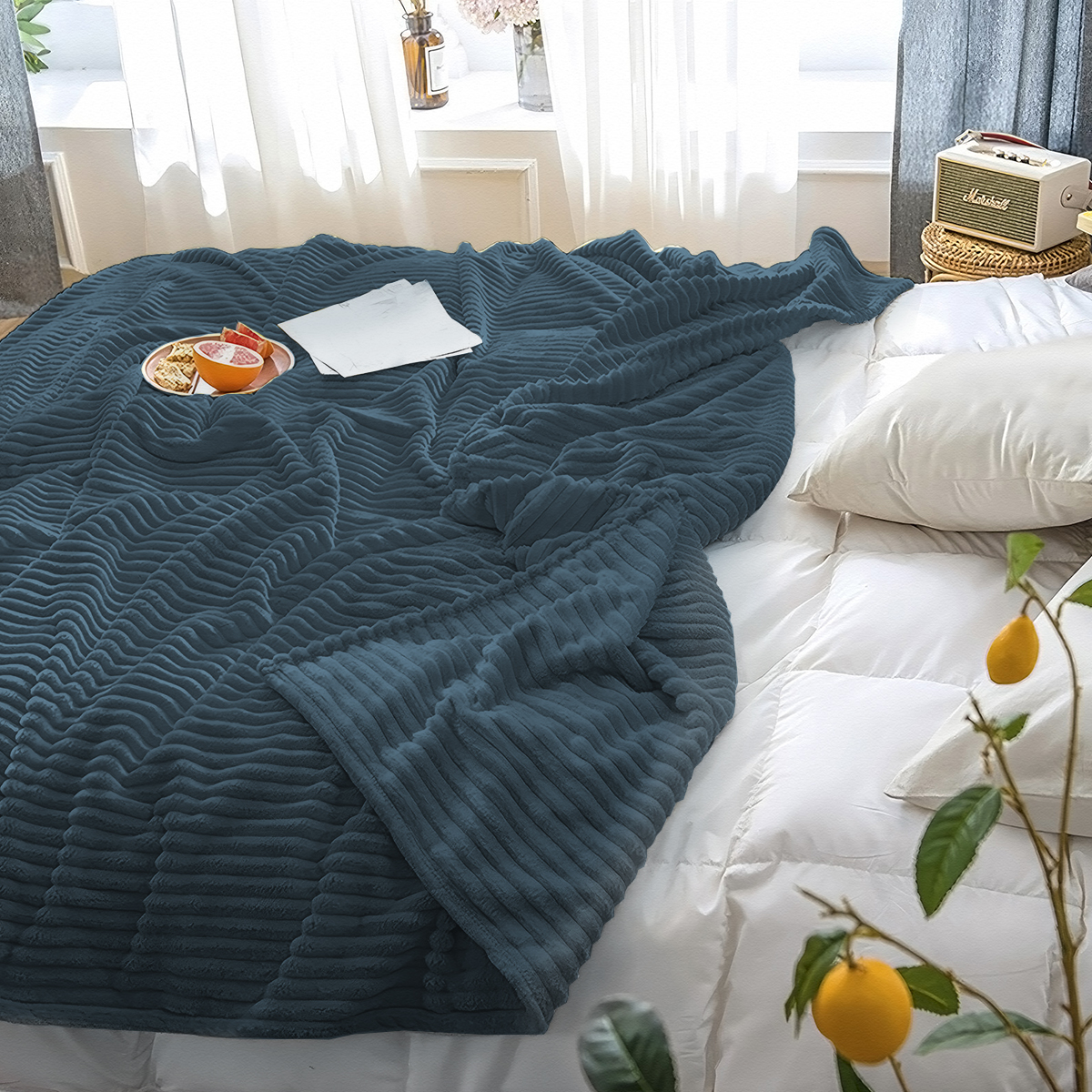 Плед велсофт Vse DOMA полоса 1 см., цвет синий, ролик - 0