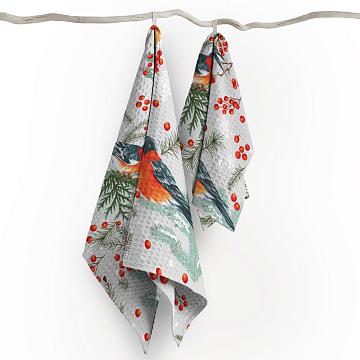 Полотно вафельное 50 см наб рис.62059-2 Снегири на сером